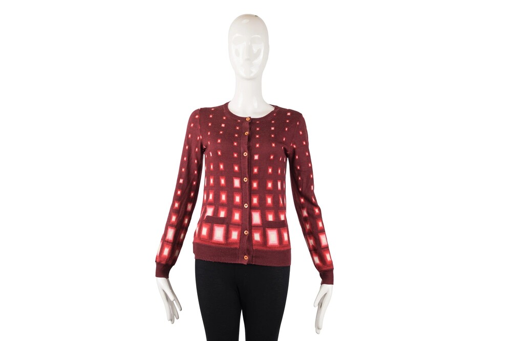 Prada Burgundy Red Square Print Cardigan Wool Knit Size 40